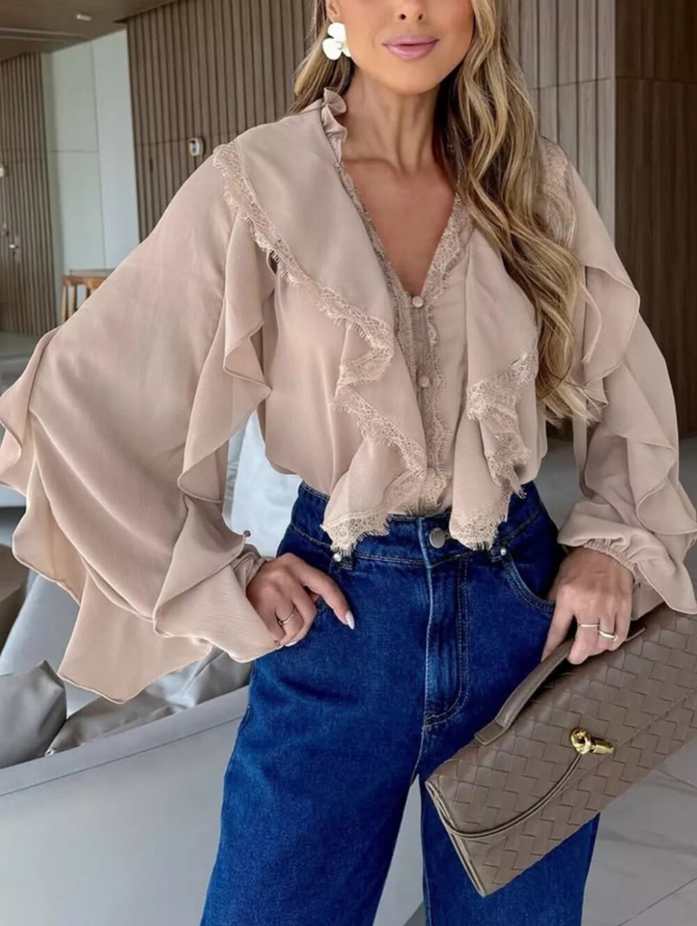 V-Neck Ruffled Lace Trim Blouse - Picture 6 of 6